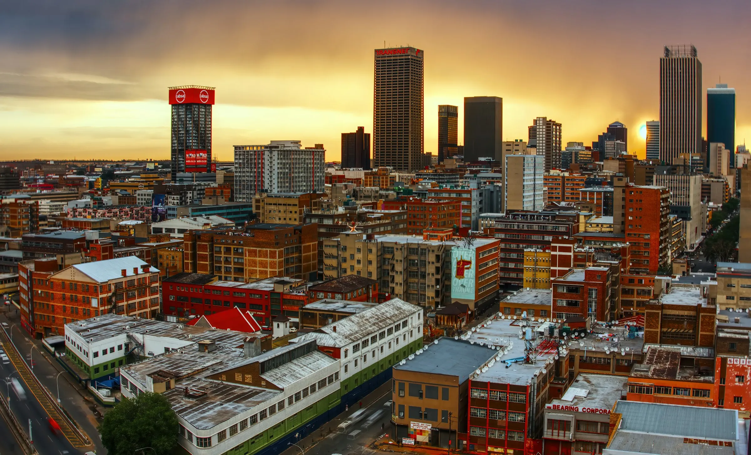 Johannesburg’s city centre from above at golden hour.