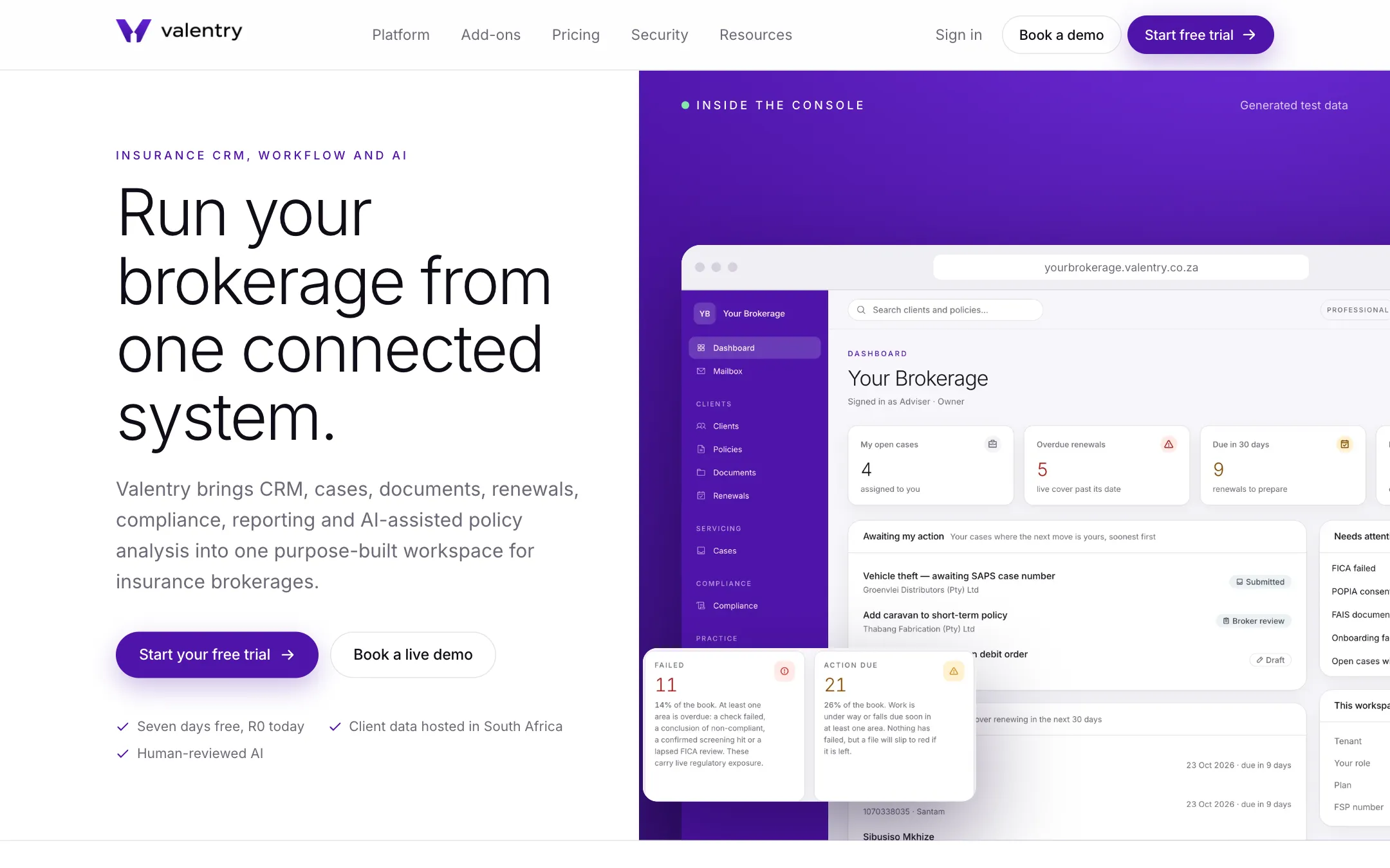 The Valentry homepage: “Run your brokerage from one connected system”, beside the Valentry dashboard with generated test data.